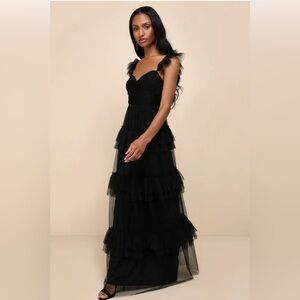 BNWT Lulus Pure Radiance Black Mesh Swiss Dot Tiered Maxi Dress, sz small